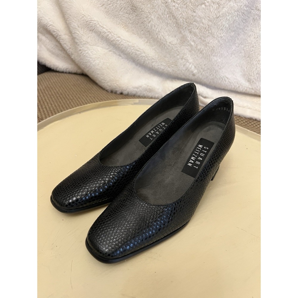 Stuart Weitzman Black Leather Pumps Womens 5 M Snakeskin Block Heels Square Toe